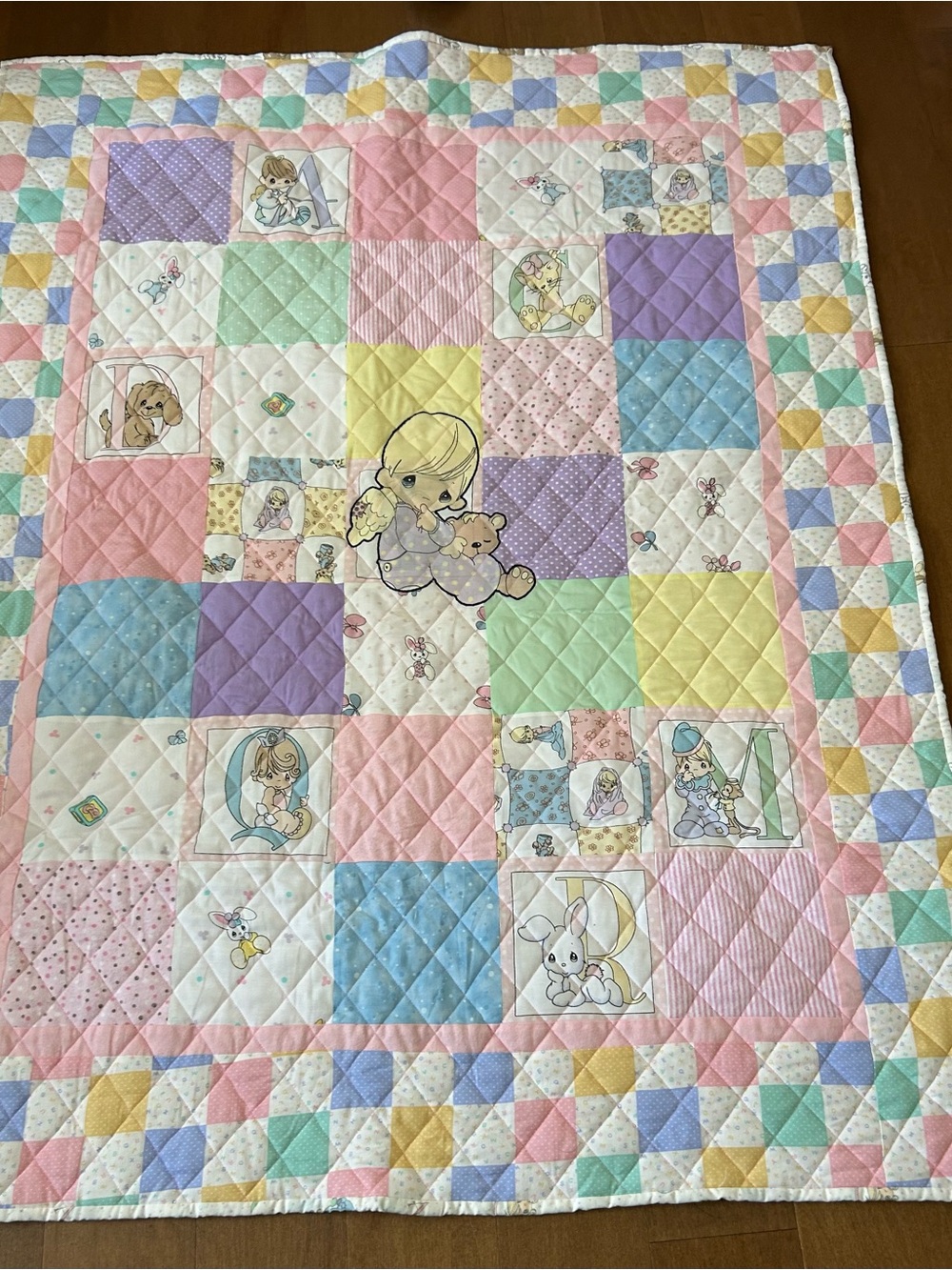 Pastel Precious Moments Baby Quilt - Pink, Purple, Blue, Green